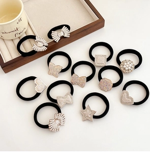Selection of black high-elastic hair ties with rhinestone butterflies and pearl charms