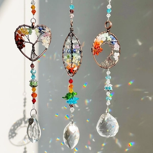 Three-piece Tree of Life suncatchers with colorful gemstones and crystal prisms