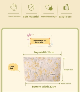 Detail of floral embroidery on beige cotton-linen cosmetic bag showing size 26x18x5cm