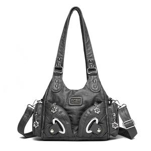 Fashionable dark gray soft PU leather tote bag with functional pockets and shoulder strap
