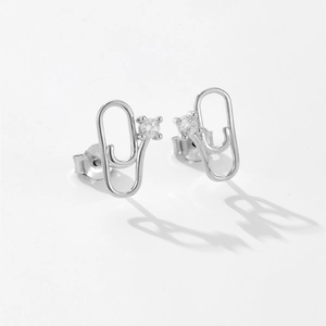 Minimalist S925 sterling silver paperclip stud earrings with brilliant zircon accent