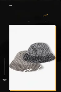 Detail of thick knit texture on a stylish wool bucket hat in grey and black mix