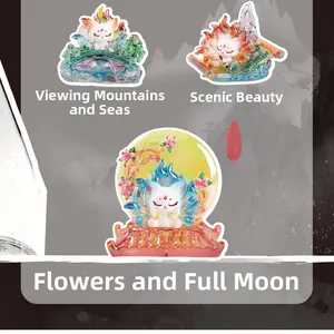 Detailed macro view of three artistic Nine-Tailed Fox blind box figurines with oriental style