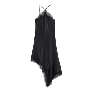 Elegant Black Satin Cami Dress With Lace Trim Deep V Neck Asymmetric Hem Spaghetti Strap Backless Midi Dress For Women