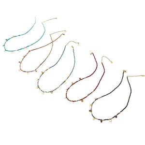 Colorful natural stone beaded necklaces with gold pendants shown in five vibrant colors