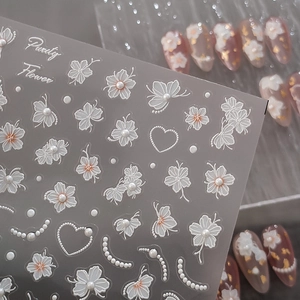 Nail Art Stickers Embossed 3D White Flower Butterfly Heart Faux Artificial Pearl Adhesive Decals For Manicure Decoration
