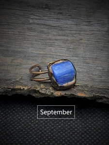 Detailed close-up of September birthstone ring with raw blue gem on tree bark