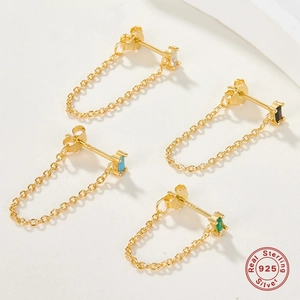 Minimalist S925 sterling silver tassel chain earrings with square zircon in gold plating