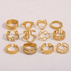 12-piece set of gold-plated stainless steel rings with stars, hearts and zircons