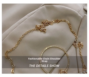 Close-up of a gold metal chain strap and a crystal-encrusted round handle for handbags