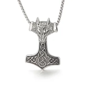 Wolf Head Thor's Hammer Mjolnir Pendant Stainless Steel Viking Nordic Myth Punk Style Jewelry For Men