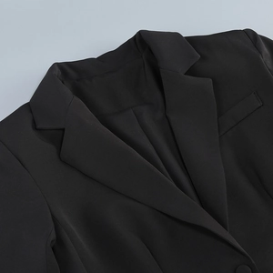 Detailed view of the notch lapel and fine fabric texture of a black blazer jacket