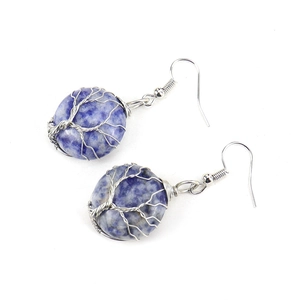 Handmade wire wrapped tree of life earrings with blue natural crystal stones in silver