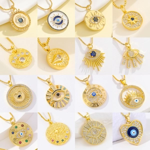 Evil Eye Pendant Necklace 18K Gold Plated Brass Zircon Colorful Enamel Hamsa Hand Heart Sun Protective Jewelry Women
