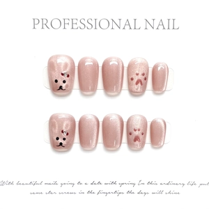 Handmade Press On Nails Pink Cat Eye Meat Pad Design 3D Cat Paw Short Trapezoid Glitter Rhinestone Bow Sweet Cute Nails
