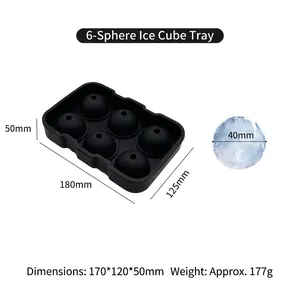 Detailed dimensions of 6-cavity black silicone ice ball mold and spheres