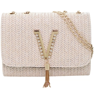 Woven straw chain crossbody bag with golden V hardware and tassel in beige