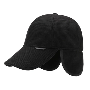 Winter men's thickened baseball cap with ear flaps in black knitted texture
