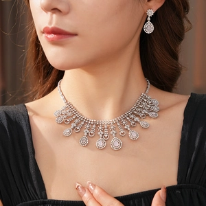 Detailed view of elegant zircon flower and waterdrop pendant necklace and earrings set