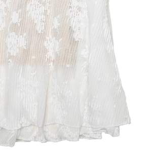 Gros plan détaillé de la texture en dentelle florale blanche et de l'ourlet de la robe