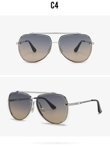 Detail view of silver metal aviator sunglasses with C4 grey gradient lenses and double bridge
