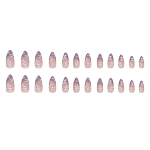 French almond press-on nails with purple gradient and delicate white flower accents