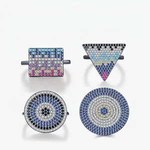 925 Sterling Silver Geometric Ring Colorful Zircon Evil Eye Black Gold Plated Gothic Style Pixel Jewelry For Women