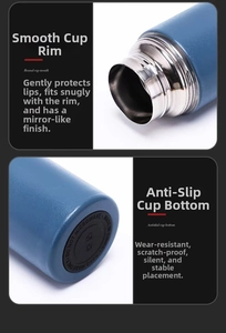 Detail of round cup mouth and non-slip bottom on blue stainless steel vacuum flask