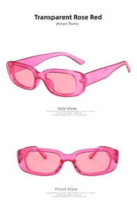 Detailed front and side views of transparent rose red rectangular sunglasses