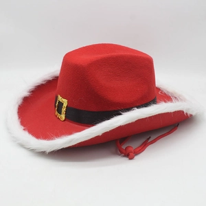 Christmas red felt cowboy hat with white faux fur trim and gold buckle for festive party outfits