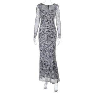 Detail of sheer mesh fabric texture on long sleeve polka dot maxi dress