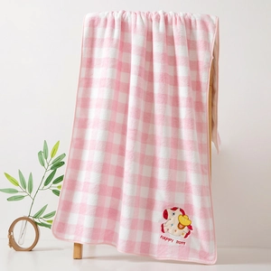 Detail of pink plaid coral fleece towel with moon rabbit and Happy Pony embroidery
