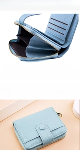 Detailed view of light blue lychee pattern wallet with multi-card slots and coin zipper