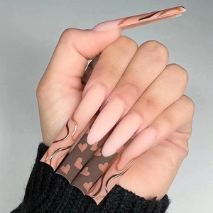 Long Coffin Press On Nails Matte Brown Nude Pink Heart Pattern Abstract Lines Fake Nails Daily Manicure