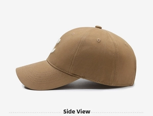 Detail view of the side profile and fine stitching on the brown cotton baseball cap