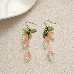 Pink bellflower drop earrings with green leaves and white pearls for women