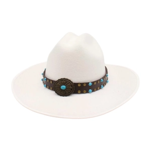 Detail of turquoise studs and vintage sunflower buckle on an ivory wool fedora hat band