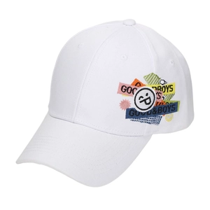 Close-up of white cotton baseball cap featuring colorful GOOD & BOYS embroidery
