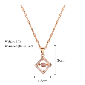 Detailed size chart for rose gold diamond square pendant necklace with dimensions