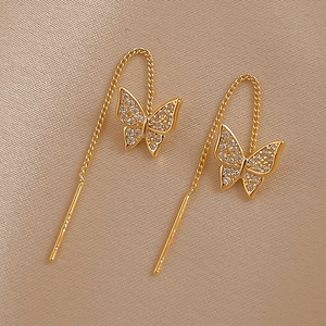 Butterfly Long Chain Ear Wire Earrings Copper Zircon Stainless Steel Earring Post Elegant Fashion Jewelry Women Golden