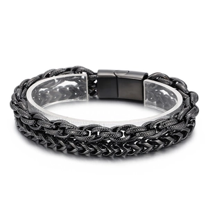 Men's double-layer woven leather and metal chain bracelet with black magnetic clasp