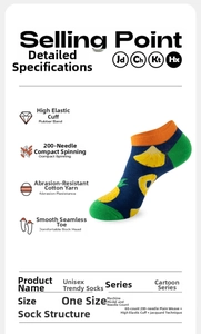 Detail of 200-needle navy blue cotton ankle sock with yellow pineapple pattern