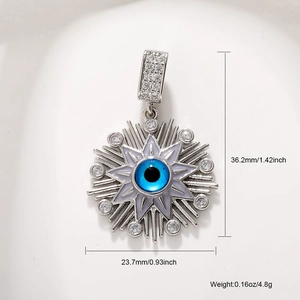 Detailed dimensions of sunburst evil eye pendant in silver finish with pavé crystals