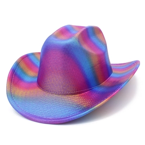 Detailed close-up showing the metallic rainbow texture of the Western cowboy party hat