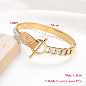Gold stainless steel buckle bracelet with rhinestones, 58mm inner diameter dimensions