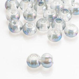 Detailed view of clear AB finish glass beads with large holes for jewelry making