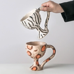 Retro Hand Painted Ceramic High Foot Mugs Animal Print Zebra Leopard Coffee Cup Irregular Dessert Tray Home Decor Drinkware
