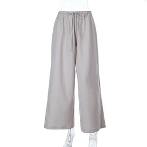 Pantaloni larghi in lino da donna a vita alta con coulisse elastica in colore grigio-viola