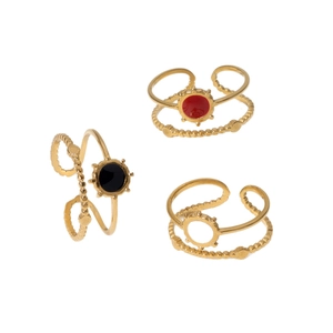 Three-piece set of adjustable stainless steel rings with colorful enamel center accents