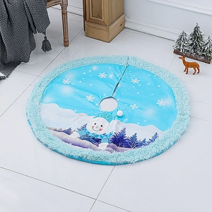 Blue LED Christmas tree skirt with snowman and snowflake prints and plush trim